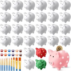 12 Pcs DIY Ceramic Piggy Banks - White, Compact Coin Bank for Boys & Girls Aged 8+, Unisex - Includes 2 Paint Strips & 10 Brushes
