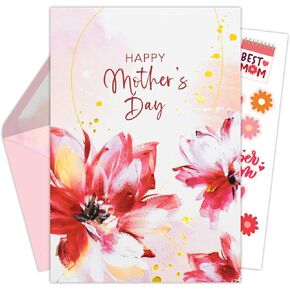 Decorably Gold-Foiled 5x7in Individual Mother's Day Card with Floral Watercolor Design, Textured Mothers Day Card with Envelope and Stickers, with Printed Message Inside