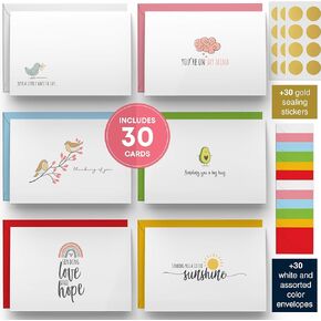 Dessie 30 Fun Thinking of You Cards With Envelopes. 30 4x6 Inch Note Cards With Envelopes Set - Blank Inside. 6 Unique Designs. Assorted Color Envelopes and Gold Seals. Sturdy Storage Box