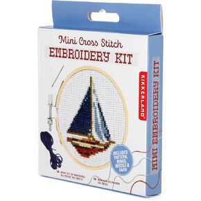 Kikkerland DIY Mini Cross Stitch Sailboat Embroidery Craft Starter Kit Set, with Pattern Instructions, 3" Bamboo Hoop, Stress Relief, Adult Beginner Friendly