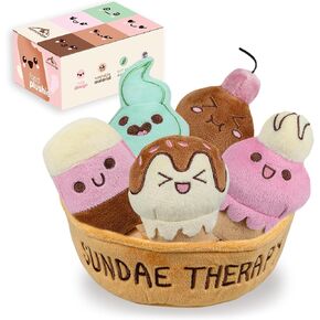Cute Ice Cream Plushies - Sundae Therapy Mini Stuffed Squishables for Girls - Small Happy Food Plush Toys for Tiny Size Gifts - Extra Soft Plushie Set - Pack of 5 Plush & 1 Basket Included