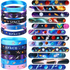 48 Pcs Outer Space Party Favors 24 Space Slap Bracelets 24 Silicone Wristbands Galaxy Astronaut Bracelets Bulk for Kids Classroom Rewards Stars Solar System Planet Birthday Party Supplies