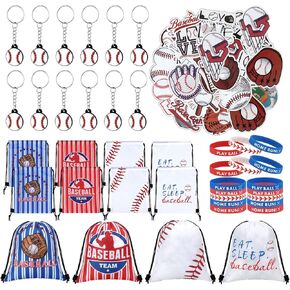 WILLBOND 86 Pcs Baseball Party Favors - 50 Stickers, 12 Keychains, 12 Wristbands, 12 Drawstring Bags for Baseball Themed Birthday Party