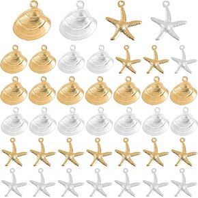 Framendino, 40 Pack Gold Silver Starfish Shell Charms Pendants Seashell Charm Ocean Theme Pendant for DIY Earring Jewelry Making