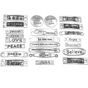 Inspiration Words Lettering Charm Pendant Connector Bracelet Bead Linker Charm for DIY Jewelry Making(23pcs,Antique Silver Tone)