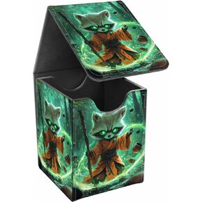 Card Deck Box, Card Storage Box Fits 100+ Single Sleeved Cards, Large Capacity PU Leather Card Storage Box with Strong Magnet for Magic Commander TCG/CCG, Raccoon Sorcerer