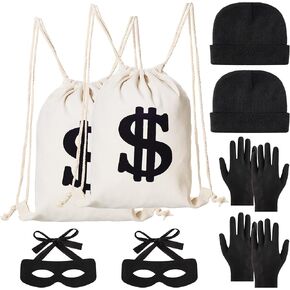 YAROMO 8 Pack Robber Costume Set, Include Canvas Dollar Sign Money Backpack Bags Bandit Eye Mask Knit Beanie Cap Gloves for Halloween Cosplay Burglar Theme Party