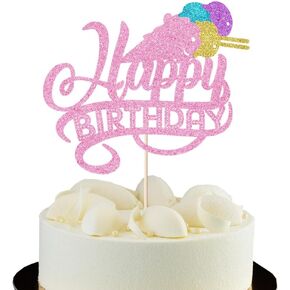 Happy Birthday Cake Topper - Summer Ice Cream Themed Party Supplies, Pink Cake Decorations for Kids Boys Girls