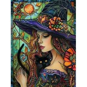 Reofrey DIY Diamond Art Kits for Adults Halloween, Witch Full Drill Round Rhinestone Diamond Painting Kits, Cross Stitch Embroidery Canvas for Crafts Home Wall Decor 30x40cm