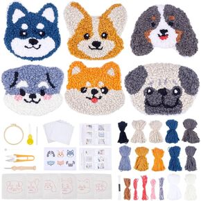 ORIGACH 6 Set Puppy Punch Needle Coasters Kit with Pattern, Adhesive Felts, Yarn, Tools and Instruction Dog Punch Needle Embroidery Kit for Beginners Adults DIY Mug Tufted Rug Making Set