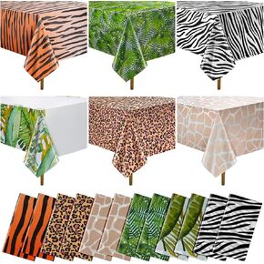 12Pack Animal Safari tablecloth jungle Animal Zoo Thief Party Table Leopard Tiger Zebra Giraffe Palm Palk Print Table Cover for Jungle Safari Birthder Baby Shower Party (ستة أنماط)