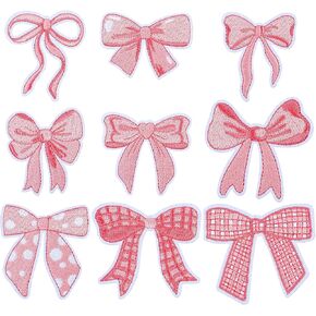 9 PCS Pink Bow Iron On Patches, 2.56inch Bow Patches Sew on Patch Repair Embroidered Applique Cute Buffalo Plaid Polka Dot Ribbon Bowknot DIY Crafts Clothing Fabric Decor for Women Girl
