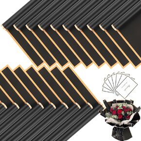 40 Sheets Gold Edge Flower Wrapping Paper with Cards, Black Bouquet Wrapping Paper Watertight Floral Wrapping Paper, Florist Bouquet Supplies, Floral Paper for DIY Gift Flower Shop Wedding Birthday