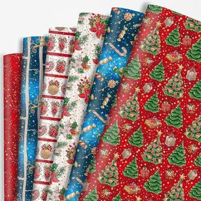 Dtiafu Christmas Wrapping Paper Bundle for Women Man Boys Girls Kids - 12 pcs 6 Style Red Blue Xmas Gift Wrap with Vintage Flowers Trees Candy Cane Stars Patterns for Holiday Celebration - 20 X 28