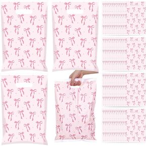 Whaline 50Pcs Pink Bow Plastic Gift Bags 11 x 17 In Cute Coquette Bow Party Favor Bags Candy Goodie Treat Bags Retail Shopping Bags For Birthday Bridal Shower Bachelorette Party Supplies
