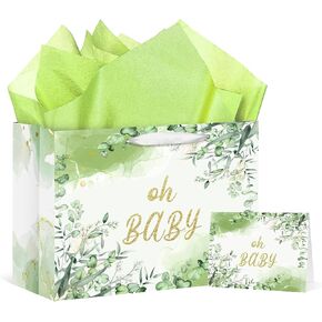 RUMIA Large Baby Shower Paper Bag with Tissue Paper and Card, Sage Green, 11.8x9.4x5.3 inches, Baby Gift Bag for Baby Shower, Birthday, Gender Reveal Party Favors Decorations Supplies