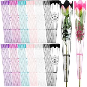 PerKoop 600 Pcs Single Flower Sleeve Rose Bouquet Bags Plastic Flower Packaging Wrapping Bag Florist Arrangement Supply for Mother's Day Festival Wedding Party Graduation Valentine‘s Day, 6 Colors