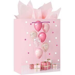 LUCKY AID 13" Birthday Gift Bag with Handle and Tissue Paper, Gift Bag for Boys, Girls, Women and Men’s Birthday Party, Baby Shower, Christmas Party Supplies (Pink)