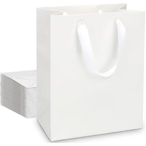 QIELSER 6 Pcs White Gift Bags with Ribbon Handles, Kraft Gift Bags Medium Size 8x5x10 Inches, White Paper Bags for Party Favor Bags, Business, Wedding, Holiday and Christmas