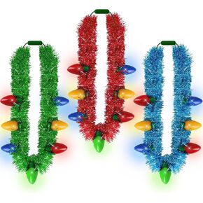 Light up Christmas Necklace, 3PCS Tinsel Christmas Necklaces Accessories, 7 Bulb Red Yellow Blue Green Necklaces Party Supplies, 3 Modes Necklace Accessories for Xmas Ugly Sweater New Year Bulk