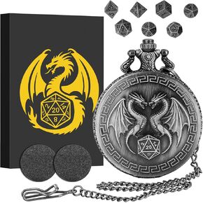 Mini DND Dice Set with Steampunk Double Dragon Pocket Watch Case, Tiny 7-Piece Polyhedral Metal D&D Dice, DND Gifts with Gift Box, Role Playing Game Board Game Accessories Dice, Dark Silver