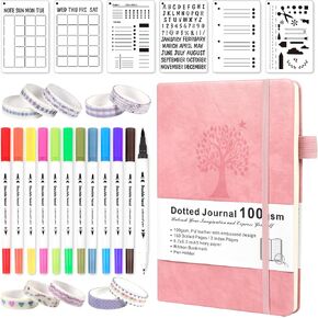 Bullet Dotted Journal Kit-Premium Hardcover, 160 Pages, 100gsm Ivory Paper, Dual Tip Brush Markers, Washi Tape, and Stencils for Women, Men, and Teen, Pink, A5