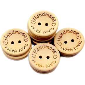 50Pcs Buttons Round 2 Holes Handmade with Love Letter Wooden Button DIY Sewing Decor - 15mm, Sewing Buttons