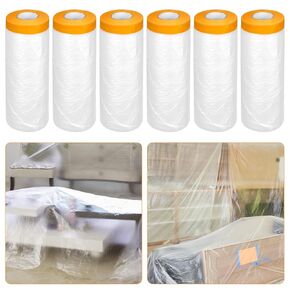 uyoyous 6 Rolls Plastic Painting Film, 9 x 67 ft Pre Taped Masking Paper, Plastic Masking Film, Tape and Drape Painters Paper Rolls for Automotive Furniture Painting Covering