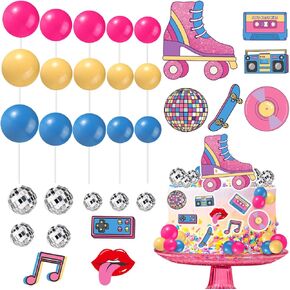31pcs Skating Themed Cake Decoration Set, Roller Skate Cake Topper Retro Hip Hop Party Decorations Disco Ball Pastel Ball Cupcake Toppers 80s 90s Hip Hop Birthday Party Supplies