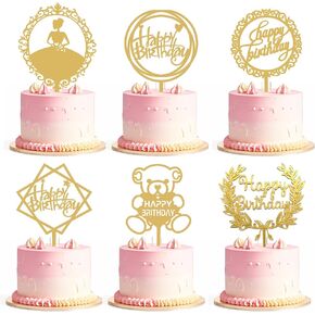 6pcs كعكة عيد ميلاد القبعات العليا زينة كعكة الذهب الذهب توبيبر الحفلة ديكورات للأطفال الفتيات الفتيات (النمط الهندسي)