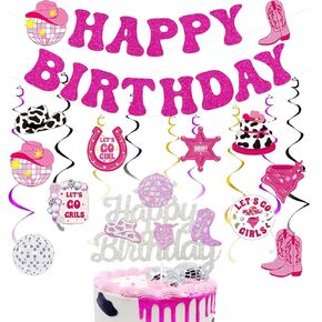 Disco Cowgirl Birthday Party Decorations 22 PCS, Pink Glitter Silver Western Cowgirl Cake Topper, Happy Birthday Banner and Y2k Hanging Swirls Party Streamers Party Decor Supplies for Women Girls