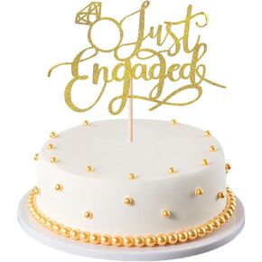 Just Engaged Cake Topper, Engagement Theme Gold Glitter Cake Topper, Engaged Wedding Anniversary Bridal Shower Bachelorette Party Cake Decorations Party Supplies, Photo Booth Props Decor