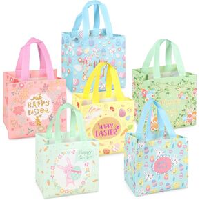 6PCS Happy Easter Egg Hunt Bags Bunny Chick Egg Gift Bags with Handles, Treat Bags, Multifunctional Foil Non-Woven Easter Bags for Gifts Wrapping, Egg Hunt, Easter Party Supplies , 8.3×7.9×5.9inch
