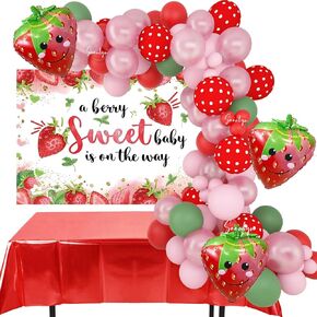 Soonlyn All-In-1 Strawberry Baby Shower Decorations with Strawberry Balloon Arch Kit 11Ft Strawberry Backdrop Tablecloth for a Berry Sweet Baby is on the Way Decorations
