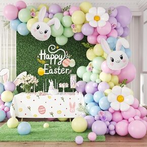 Easter Balloon Arch Garland Kit with Pastel Yellow Purple Green Blue Pink Rabbit Flower Balloons for Baby Shower Birthday Party Decorations