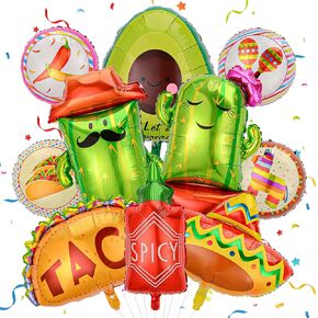 10 Pcs Fiesta Balloons - Mexican Taco Cactus Avocado Sombrero Llama Spicy Bottle Foil Balloons - Cinco De Mayo Fiesta Party Decorations