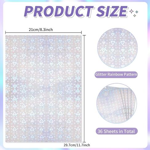 36 Sheets Holographic Sticker Paper,Holographic Laminate Sheets,A4 Size Clear Vinyl Sticker Sheets Self-Adhesive Rainbow Overlay Sheets,11.7 x 8.3 Inches（Heart） in Saudi Arabia