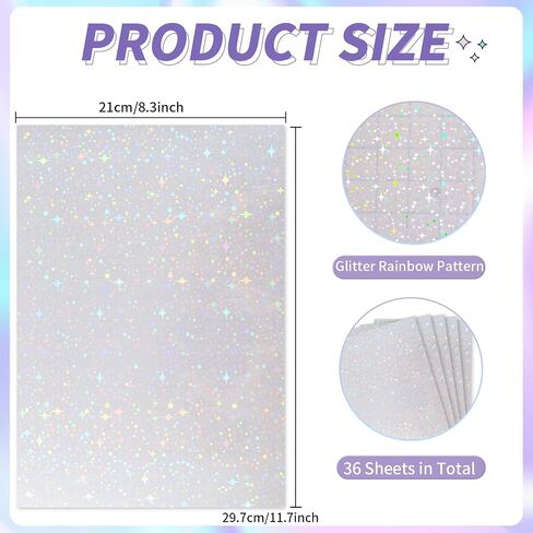 36 Sheets Holographic Sticker Paper,Holographic Laminate Sheets,A4 Size Clear Vinyl Sticker Sheets Self-Adhesive Rainbow Overlay Sheets,11.7 x 8.3 Inches（Heart） in Saudi Arabia
