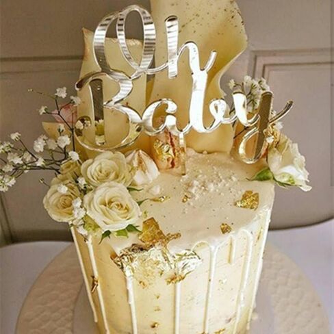 Oh Baby Cake Topper - Decoration Plugin for Baby Shower/Birthday Party/Gender Reveal Party - Silver, 1 Count, 4.7 x 4 Inches, Metallic Silver in Saudi Arabia