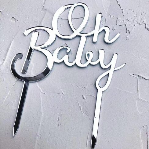 Oh Baby Cake Topper - Decoration Plugin for Baby Shower/Birthday Party/Gender Reveal Party - Silver, 1 Count, 4.7 x 4 Inches, Metallic Silver in Saudi Arabia