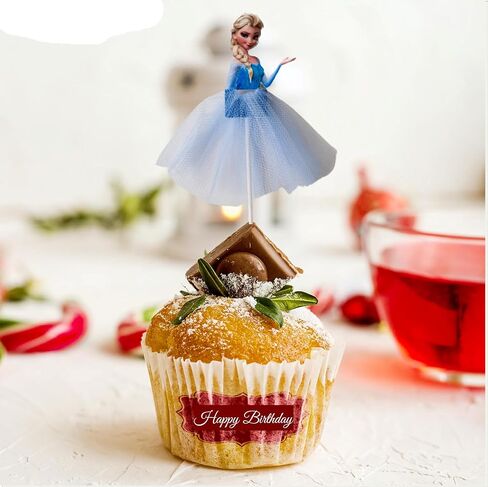 6 PCS Blue Frozen Snow Princess Cake Topper & Cupcake Topper & Happy Birthday Topper - Princess Party Supplies - Mesh Tutu Tulle Dress CupCake Topper – Birthday Decoration - Princess Cake Decorations in Saudi Arabia