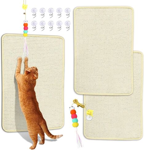 Cat Scratching Mat Sisal, 2 Packs Natural Sisal Fabric 23.6" x 15.8" Cat Scratching Pad with Cute Playing Toy and Spiral Nails, Cat Scratching Wall Scratchers for Fabric Sofa Chair (2Pcs,White) in Saudi Arabia