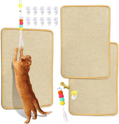 Cat Scratching Mat Sisal, 2 Packs Natural Sisal Fabric 23.6" x 15.8" Cat Scratching Pad with Cute Playing Toy and Spiral Nails, Cat Scratching Wall Scratchers for Fabric Sofa Chair (2Pcs,White) in Saudi Arabia