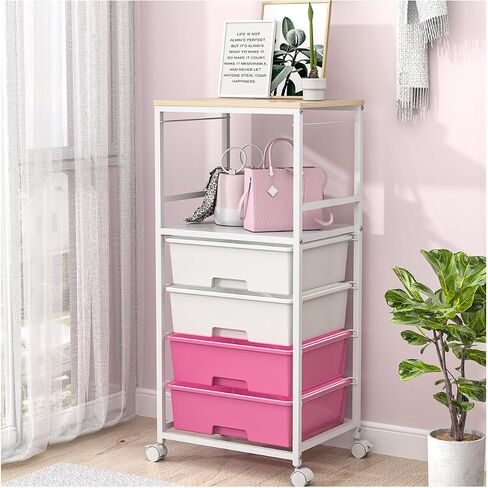 Utility Cart with Drawers, 4 Drawers Rolling Storage Cart with Opening Shelf and Wooden Tabletop,Craft Cart for Bedroom,Kid's Room,Dorm,Classroom,Office,Pink in Saudi Arabia
