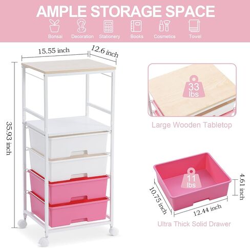 Utility Cart with Drawers, 4 Drawers Rolling Storage Cart with Opening Shelf and Wooden Tabletop,Craft Cart for Bedroom,Kid's Room,Dorm,Classroom,Office,Pink in Saudi Arabia