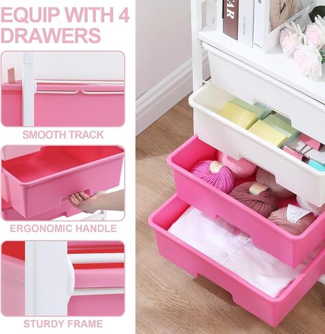Utility Cart with Drawers, 4 Drawers Rolling Storage Cart with Opening Shelf and Wooden Tabletop,Craft Cart for Bedroom,Kid's Room,Dorm,Classroom,Office,Pink in Saudi Arabia