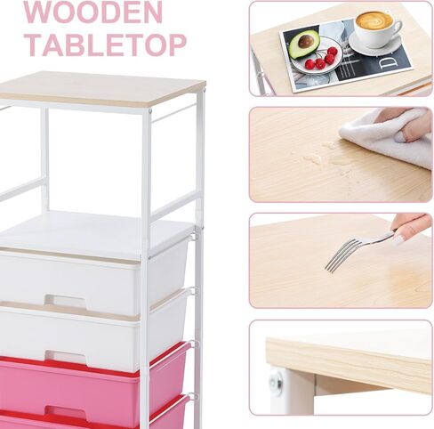 Utility Cart with Drawers, 4 Drawers Rolling Storage Cart with Opening Shelf and Wooden Tabletop,Craft Cart for Bedroom,Kid's Room,Dorm,Classroom,Office,Pink in Saudi Arabia
