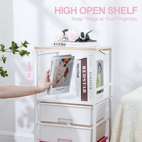 Utility Cart with Drawers, 4 Drawers Rolling Storage Cart with Opening Shelf and Wooden Tabletop,Craft Cart for Bedroom,Kid's Room,Dorm,Classroom,Office,Pink in Saudi Arabia