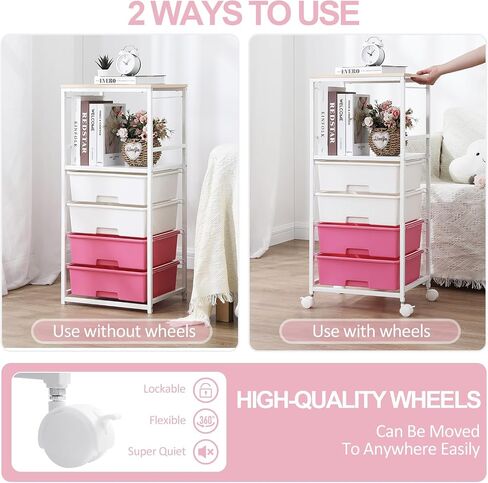 Utility Cart with Drawers, 4 Drawers Rolling Storage Cart with Opening Shelf and Wooden Tabletop,Craft Cart for Bedroom,Kid's Room,Dorm,Classroom,Office,Pink in Saudi Arabia