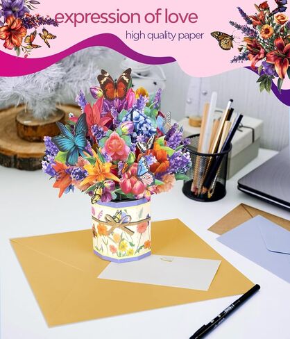 Lavender 3D Pop Up Card, Floral Greeting for Mother’s Day Birthday Anniversary Spring Get Well Sympathy, Lavender Bouquet with Butterflies for Mom, Grandma, Wife, Sister with Envelope and Note Card in Kuwait